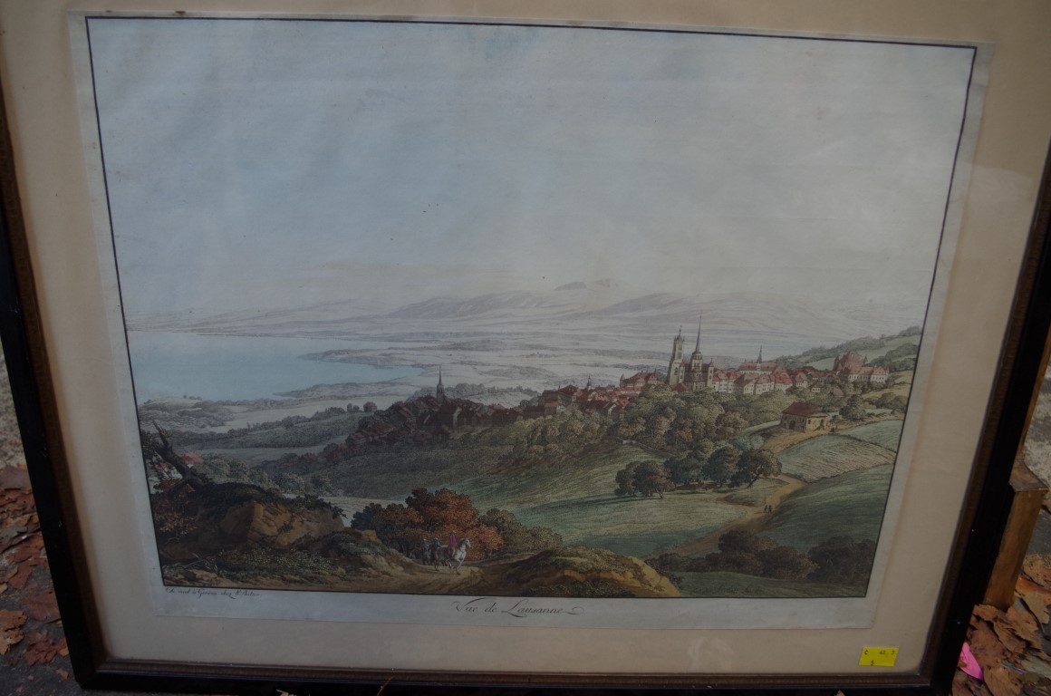 After Jean Antoine Linck, 'Vue De Lausanne', colour engraving, I.36 x 48cm.