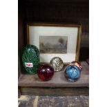 Five various glass paperweights, to include a dump example; together with three old pictures.