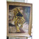 European School, contemporary, a stalking lion, oil on canvas, 100 x 74.5cm.