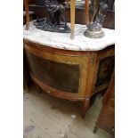 A reproduction Louis XVI style marble top bowfront side cabinet, 89.5cm wide.