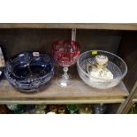An old Bohemian cranberry flash glass goblet; two other glass bowls; and a Continental porcelain
