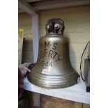 A large ship's bell, inscribed H.M.S. Liberty 1944', total height 34cm, with clapper.