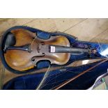 An antique Continental violin, with 14in back, indistinctly labelled 'Jacobus Stainer', in