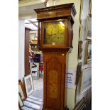 A reproduction mahogany and inlaid musical longcase clock, with 11in brass square dial, 199cm high.