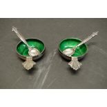 A pair of Georg Jensen silver and green enamel salts, with matching spoons, by Johan Rohde, 1933 -