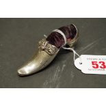 A novelty silver shoe pin cushion, by Able & Charnell, Birmingham 1890, 8.5cm, 15.5g all in.