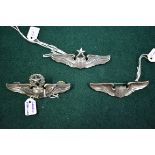 Three silver US Airforce wings, ranks: Command Pilot by Gemsco; Senior Pilot by Meyer; and Pilot