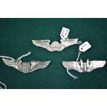 Three silver US Airforce wings, ranks; Aerial Gunner; Pilot; and Navigator by A E Co, (3).