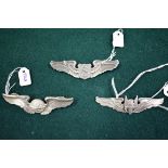 Three silver US Airforce wings, ranks: Navigator; Aerial Gunner by Moody Bros; and Service Pilot