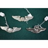 Three silver US Airforce wings, ranks; Glider Pilot; Command Pilot by Josten; and Pilot by C W P, (