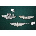 Three silver US Airforce wings, ranks; Pilot; Bombardier by Balfour; and Senior Enlisted Aircrew