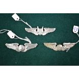 Three silver US Airforce wings, ranks; Pilot; Aerial Gunner; and Enlisted Aircrew by Gemsco, (3).