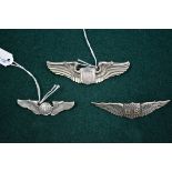 Three silver US Airforce wings, ranks; Pilot by Tiffany & Co, WWl era; Pilot by Amcraft; and