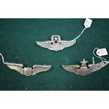 Three silver US Airforce wings, by Luxenberg, ranks; Command Pilot; Senior Pilot; and Pilot, largest