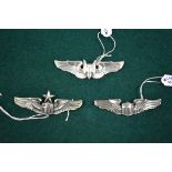 Three silver US Airforce wings, ranks; Senior Pilot by Vanguard; Aerial Gunner; and Pilot by L G