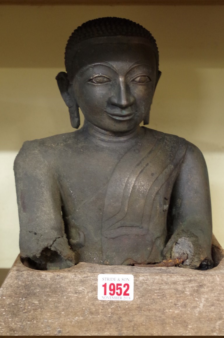 A South East Asian gilt bronze buddha, probably Burmese, 18th century or earlier, with silver detail - Image 2 of 7