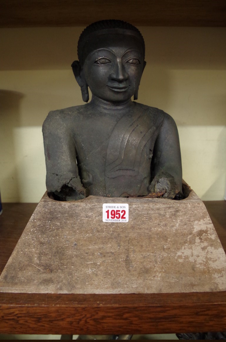 A South East Asian gilt bronze buddha, probably Burmese, 18th century or earlier, with silver detail - Image 6 of 7