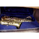 A Selmer saxophone, boxed.