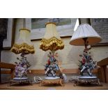 Three Continental porcelain and brass figural lamps.