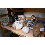 A mixed lot of 19th century and later English pottery and porcelain. (three shelves)