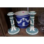 A Wedgwood blue jasperware jardiniere, 13.5cm high; and a similar pair of Dudson green jasperware