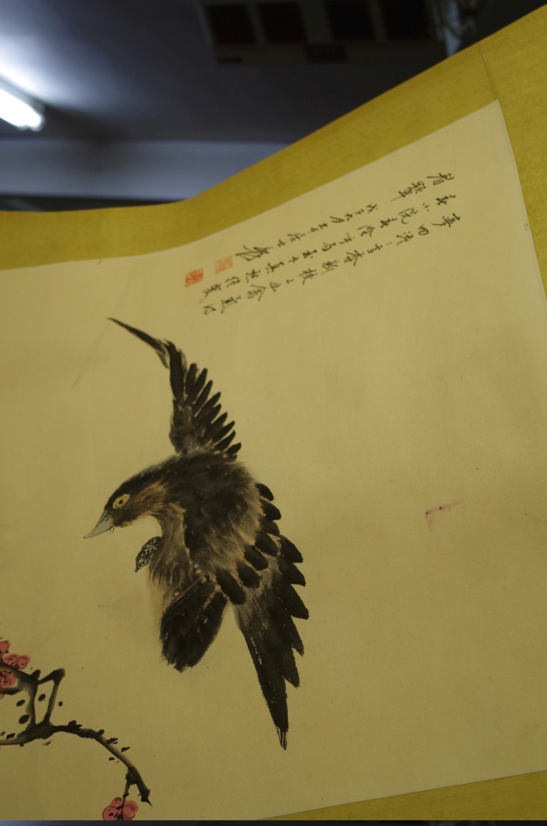 Chinese School, a bird with flowering prunus, watercolour scroll, 134 x 67cm. - Image 2 of 8