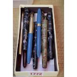 A collection of fountain pens and related, to include eight with 14ct nibs.