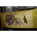 Chinese School, a bird with flowering prunus, watercolour scroll, 134 x 67cm.