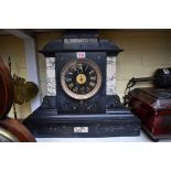 A Victorian slate and marble mantel clock, 44.5cm high.