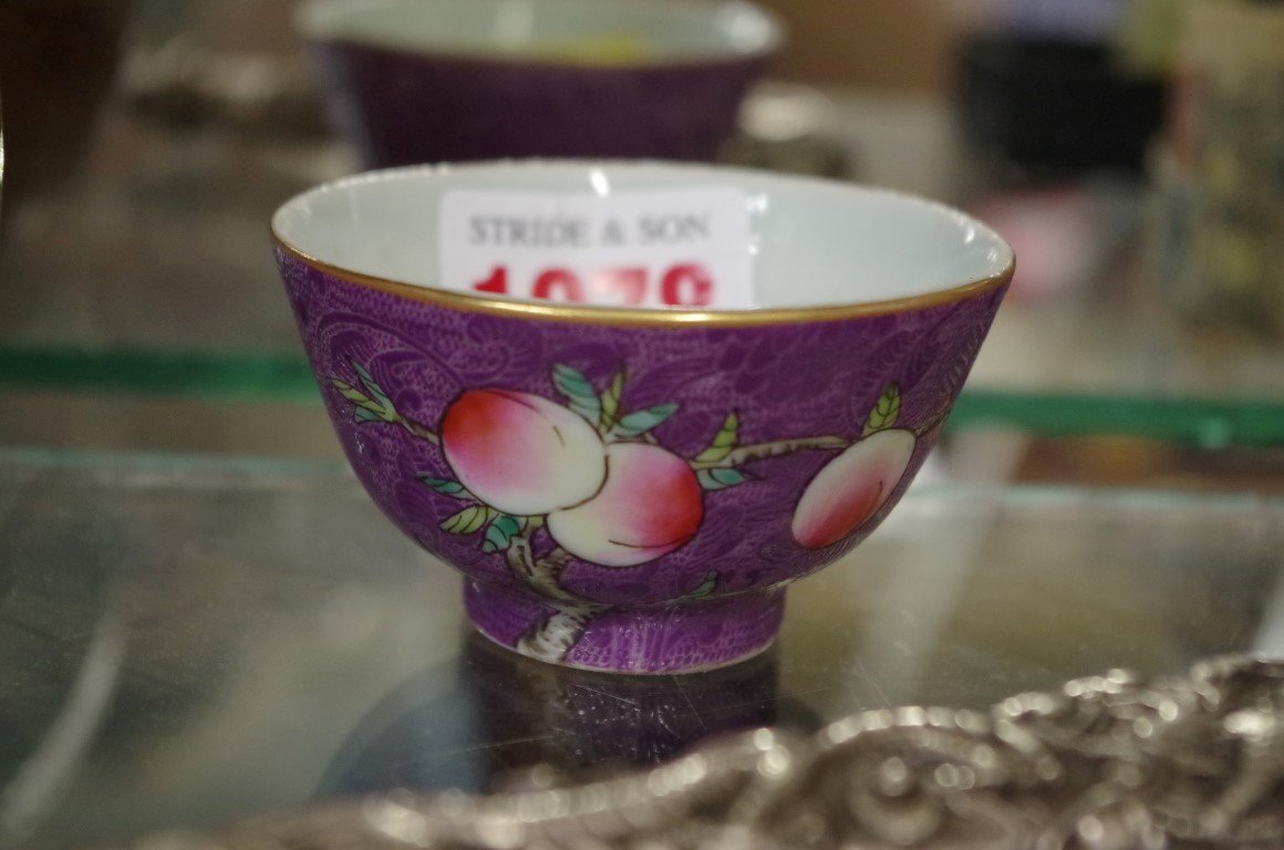 A small Chinese purple ground peach bowl, 'Shen de Tang' mark to base, 6.4cm diameter.