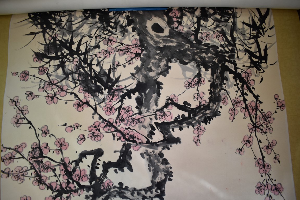 Chinese School, a bird with flowering prunus, watercolour scroll, 134 x 67cm. - Image 7 of 8