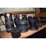 A collection of black basalt pottery, mostly 19th century.