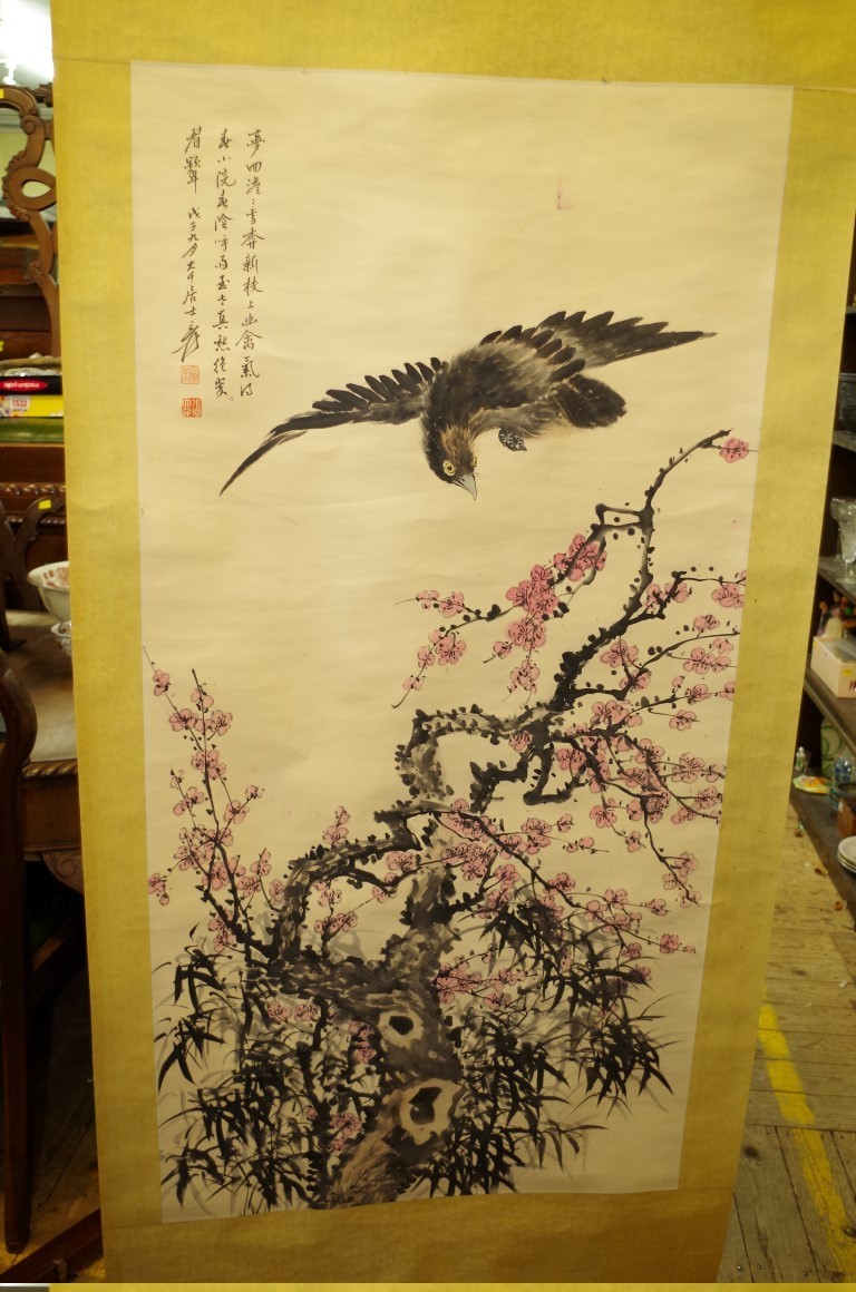 Chinese School, a bird with flowering prunus, watercolour scroll, 134 x 67cm. - Image 3 of 8