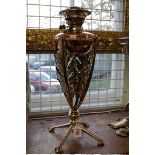 An Art Nouveau brass, electroplate and copper oil lamp, in the manner of W A S Benson, total