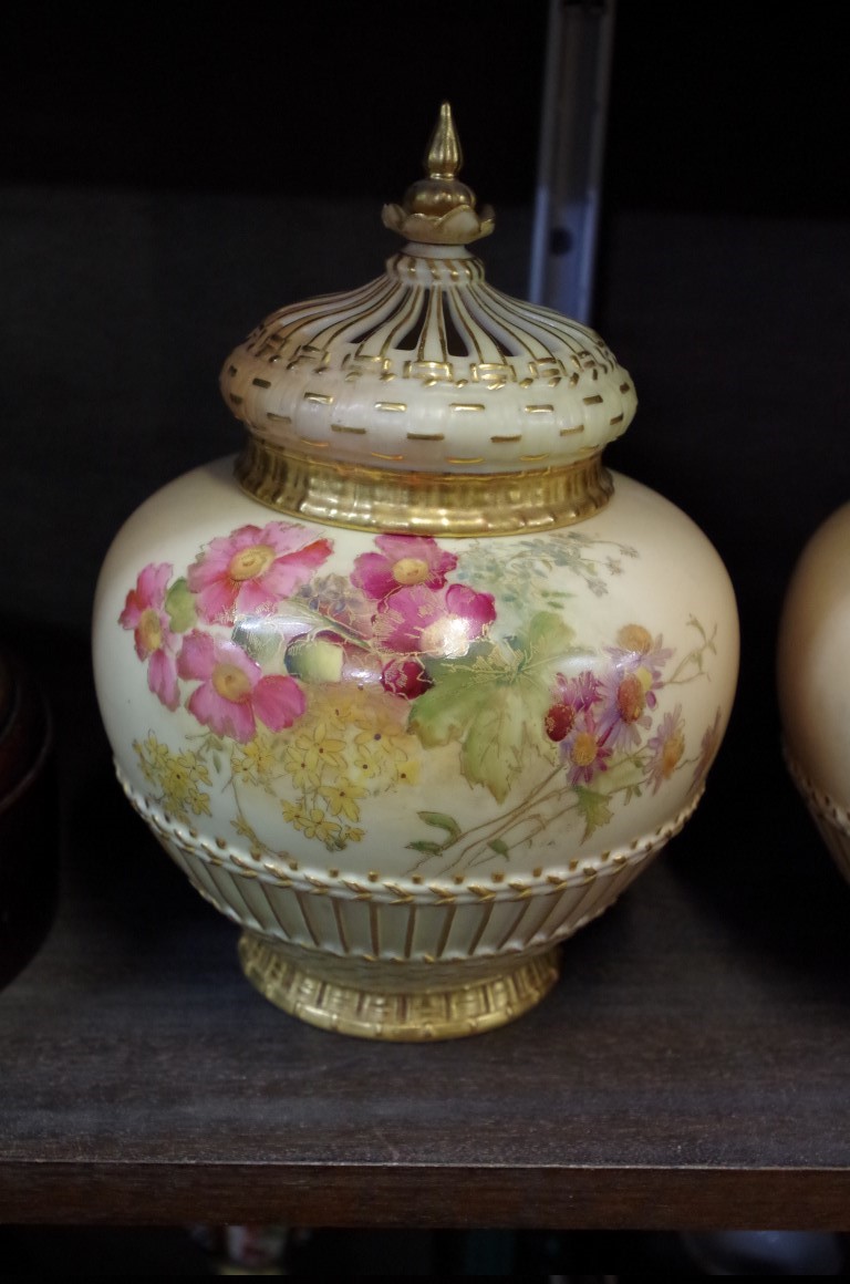 A pair of Royal Worcester blush ivory pot-pourri vases and covers, one with internal cover, one - Image 2 of 3