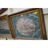 A hand coloured engraving of classical figures, 31 x 36.5cm oval, in a painted mount.