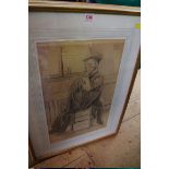 Manner of William Conor, a seated man with a flat cap, bears signature, pencil, 50 x 34cm.