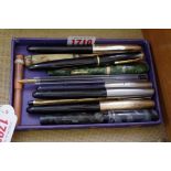 A collection of vintage fountain pens, to include a Platignum Italic; another Platignum, with 14ct