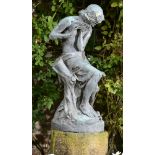 Garden Statuary: A bronze Pan figure playing the pipes on composition stone base circa 1900