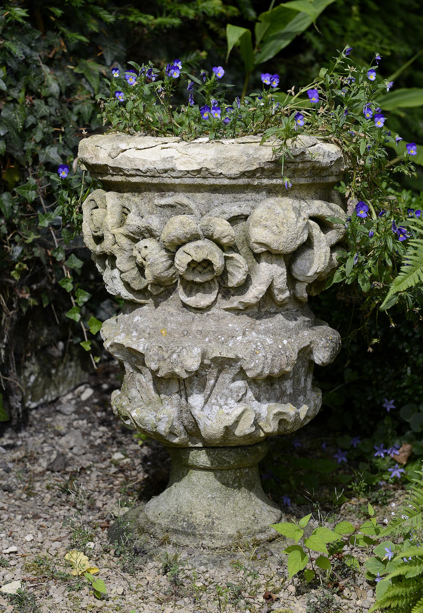 Planters: A near pair of Victorian carved stone urnscirca 186061cm high - Image 2 of 2