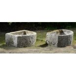 Planter/Water Feature: A pair of D-shaped carved limestone troughs34cm high by 83cm long by 61cm