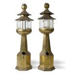 Lighting: A pair of unusual sheet brass tea light lanterns20th centuryfitted with taps 167cm high