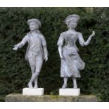 Garden Statuary: † A pair of lead figures of a shepherd and flower girllate 20th centuryon