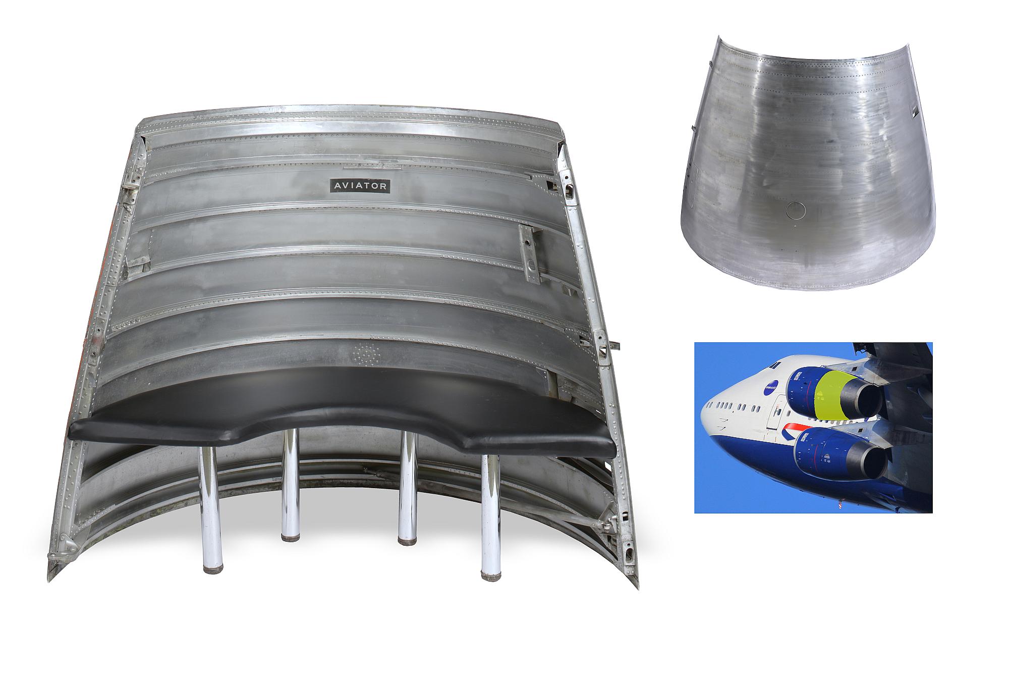 Toys for Boys: An aluminium and upholstered seat created from the cowling of an RB211 jet engine