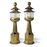 Lighting: A pair of unusual sheet brass tea light lanterns,20th century fitted with taps 167cm high