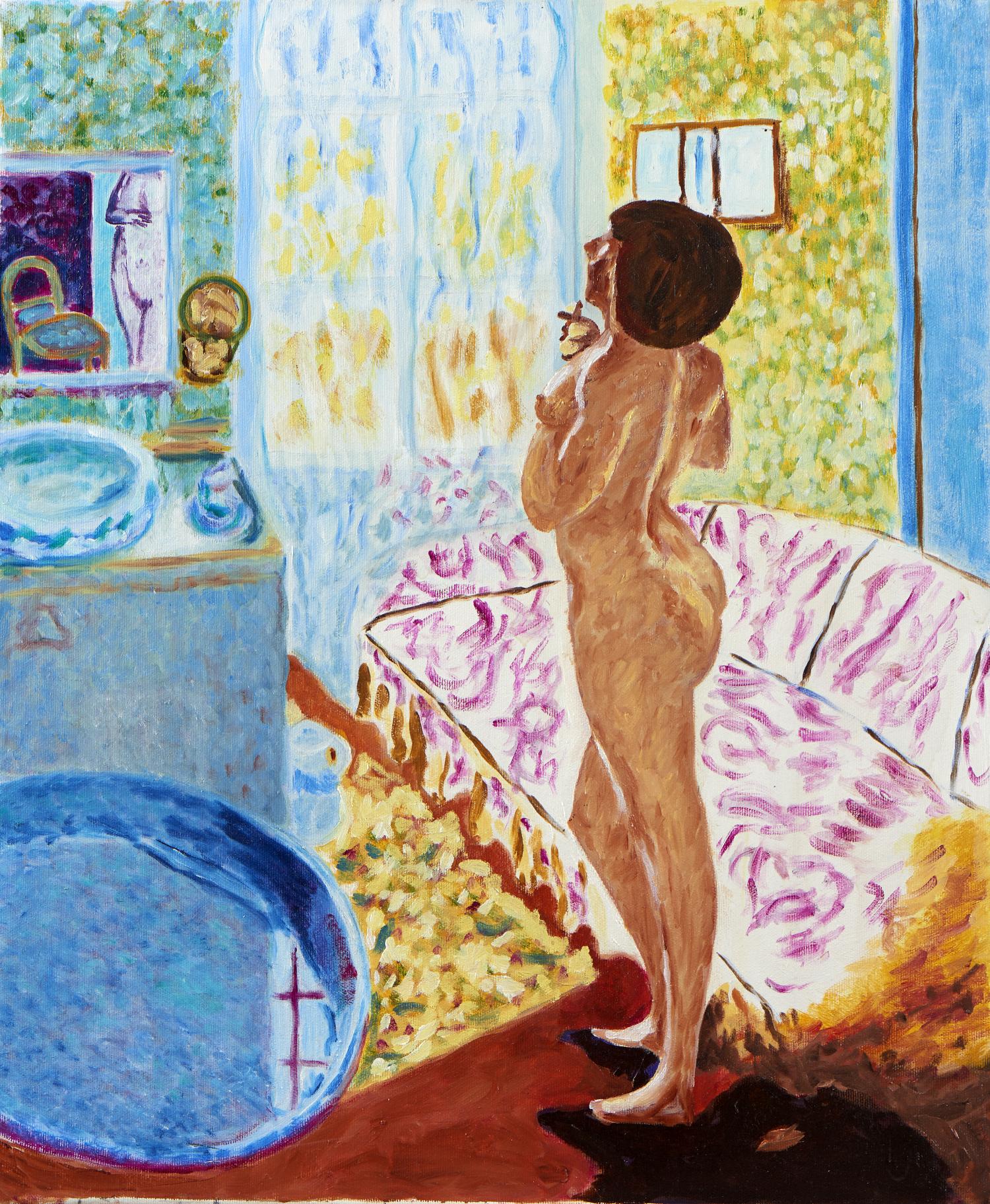 Paintings: A nude in a bedroom setting, Oil on canvas, 62cm by 52cm, together with an oil on