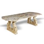 Garden Furniture: A marble table on carved limestone supports, modern, 235cm high by 104cm wide