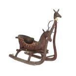 A rare wooden sledge, Russian or eastern European, 19th century with leather upholstery and iron