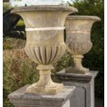 Plant pots/Planters: A pair of carved marble urns, 19th century, 73cm high