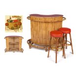 Furniture: A kidney shaped free standing Tiki bar, with two stools, French, 1940’s constructed from